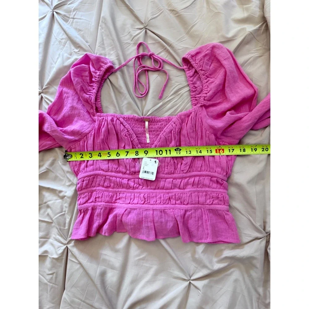 NWT Free People Chloe Blouse Aurora Pink Smocked Peplum Top Womens L